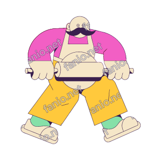 A flat pop illustration with a thin plum outline of a bald baker with a thick moustache pushing a rolling pin over dough with both hands.