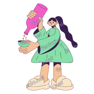 A flat pop illustration with a thin plum outline of a girl with a long ponytail and a mint dress tipping a hot pink bottle of rose water into a small mint bowl.