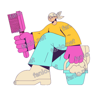 A flat pop illustration with a thin plum outline of a woman in a bandana kneeling with a pink scrubbing brush beside a small bucket of suds.