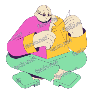 A flat pop illustration with a thin plum outline of an elderly man with glasses sitting cross-legged and sewing a button onto a yellow jacket.