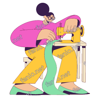 A flat pop illustration with a thin plum outline of a woman with a bun and round glasses sewing a long mint fabric on a yellow sewing machine at a small table.