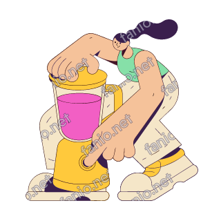 A flat pop illustration with a thin plum outline of a young woman with a high ponytail pressing the lid of a blender full of pink smoothie.