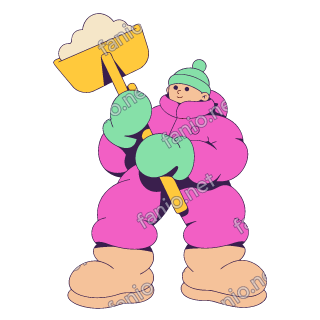 A flat pop illustration with a thin plum outline of a child in a puffy pink snowsuit and mint hat lifting snow on a yellow shovel.