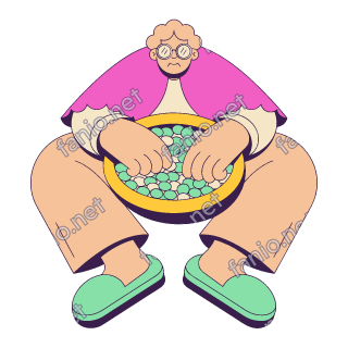 A flat pop illustration with a thin plum outline of an elderly woman with round glasses and a pink shawl sorting lentils on a big yellow tray on her knees.