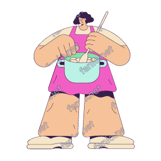A flat pop illustration with a thin plum outline of a mother in a pink apron stirring a big pot with a long wooden spoon.