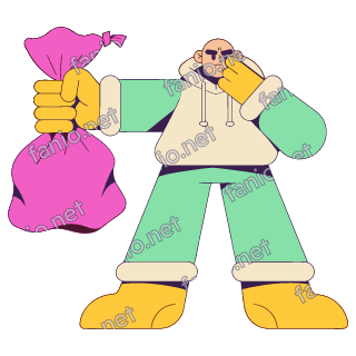 A flat pop illustration with a thin plum outline of a man in a hoodie holding a pink rubbish bag at arm's length and pinching his nose.