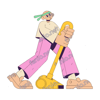 A flat pop illustration with a thin plum outline of a lanky young man in a mint headband pushing a yellow upright vacuum cleaner.