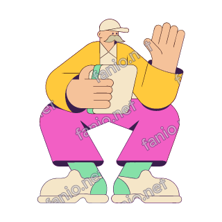 A flat pop illustration with a thin plum outline of a grandfather with a grey moustache and a cap waving at a tablet during a video call.