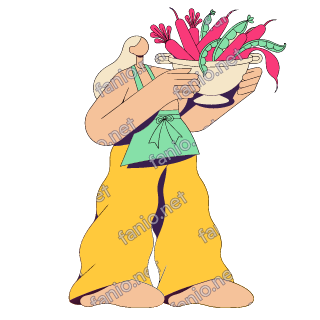A flat pop illustration with a thin plum outline of a woman in a mint apron holding a colander full of pink radishes and green beans.