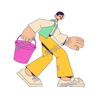 A flat pop illustration with a thin plum outline of a young man in yellow trousers walking along and carrying a hot pink bucket full of water.