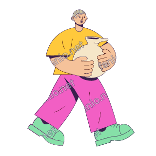 A flat pop illustration with a thin plum outline of a young man in a yellow t-shirt and pink trousers carrying a round clay water jug in both hands.