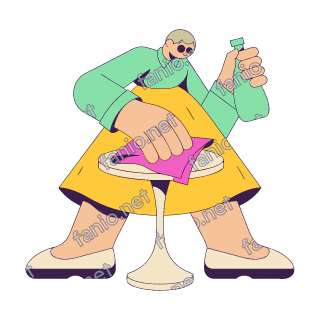 A flat pop illustration with a thin plum outline of a woman in a yellow skirt wiping a small round table with a pink cloth and holding a spray bottle.