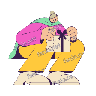 A flat pop illustration with a thin plum outline of a grandmother in a mint shawl tying a plum bow on a beige paper parcel.