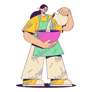 A flat pop illustration with a thin plum outline of a woman in a mint apron pouring milk from a cream jug into a hot pink bowl held against her waist.