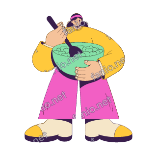 A flat pop illustration with a thin plum outline of a young woman with a pink headband mixing a big mint bowl of herbs with a wooden spoon.
