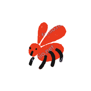 A soft red crayon doodle of a bee flying with big wings and black stripes.