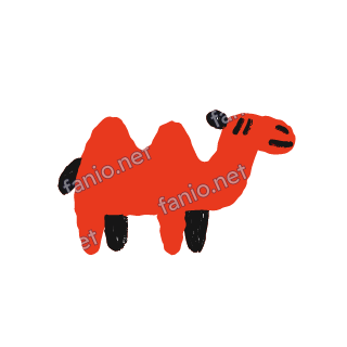 A soft red crayon doodle of a camel standing with two humps and black feet.