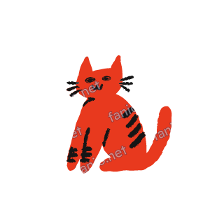 A soft red crayon doodle of a cat sitting with black stripes on its legs and whiskers.