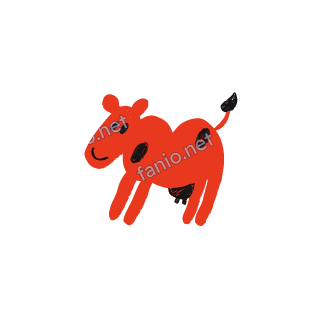 A soft red crayon doodle of a cow standing with a small tail and black hooves.