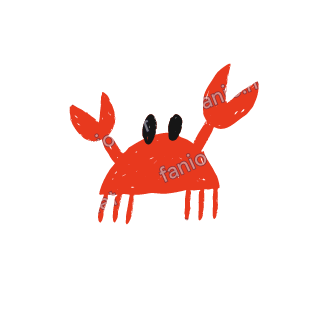 A soft red crayon doodle of a crab with raised claws and black eyes.