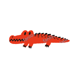 A soft red crayon doodle of a crocodile lying long with a toothy grin.
