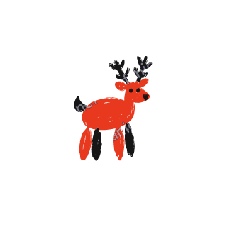 A soft red crayon doodle of a deer standing with black antlers.