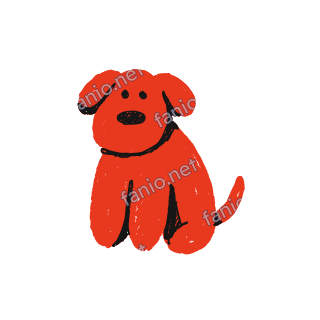 A soft red crayon doodle of a puppy sitting with floppy ears and a black nose.