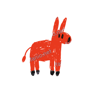 A soft red crayon doodle of a donkey standing with long ears and a thin tail.