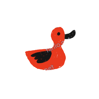 A soft red crayon doodle of a duck floating with a black wing and beak.