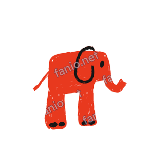 A soft red crayon doodle of a elephant standing with a curled trunk and black toes.