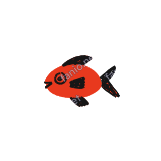A soft red crayon doodle of a round fish with black fins.