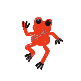 A soft red crayon doodle of a frog jumping with big eyes and black toes.