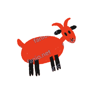 A soft red crayon doodle of a goat standing with curved horns and black legs.