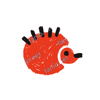 A soft red crayon doodle of a round hedgehog with black spines.