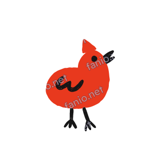 A soft red crayon doodle of a round hen standing on thin black legs.