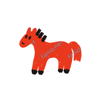A soft red crayon doodle of a horse standing with a black mane and hooves.