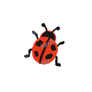 A soft red crayon doodle of a ladybug with black spots and small legs.