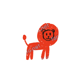 A soft red crayon doodle of a lion with a round mane and a thin tail.