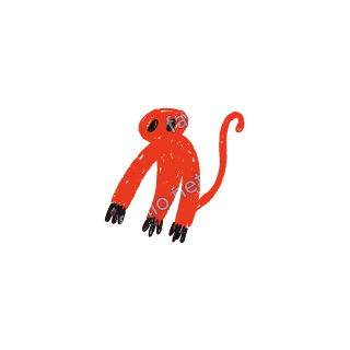 A soft red crayon doodle of a monkey with long arms and a curled tail.