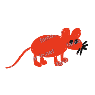A soft red crayon doodle of a mouse with round ears and a long thin tail.