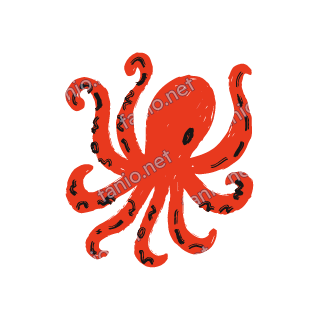 A soft red crayon doodle of a octopus with eight curling spotted arms.