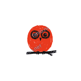 A soft red crayon doodle of a owl perched on a branch with big round eyes.