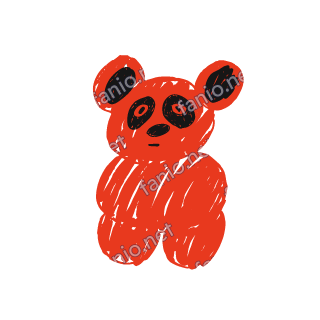 A soft red crayon doodle of a panda sitting with black eye patches and round ears.
