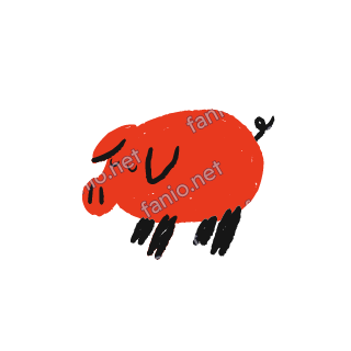 A soft red crayon doodle of a pig standing with black hooves and a curly tail.