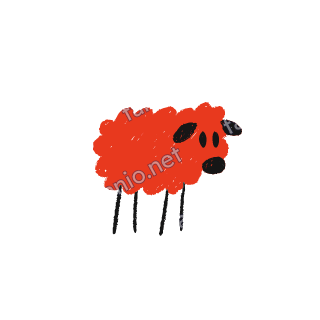 A soft red crayon doodle of a fluffy sheep with a black face and thin legs.