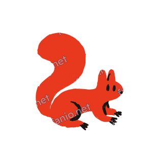 A soft red crayon doodle of a squirrel with a big curled tail.