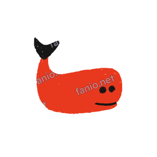 A soft red crayon doodle of a whale smiling with a black tail.