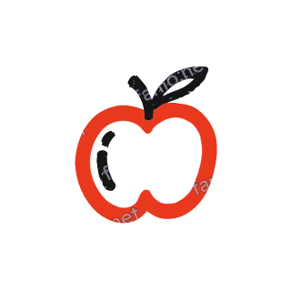 A red crayon apple drawn as a thick outline, with a black stem and one black leaf.