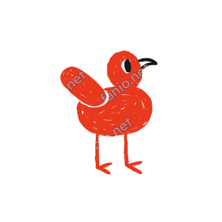 A round red crayon bird with a raised tail, a black eye and a black curved beak, standing on two thin legs.