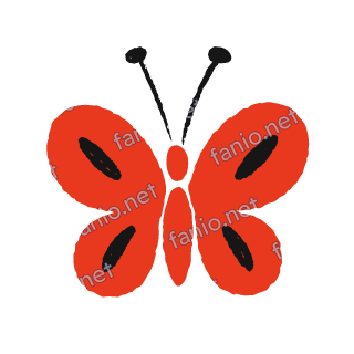 A red crayon butterfly seen from above, with black spots on its open wings and two black antennae.